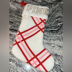 Victoria's Secret PINK White and Red Plaid Sherpa Stocking